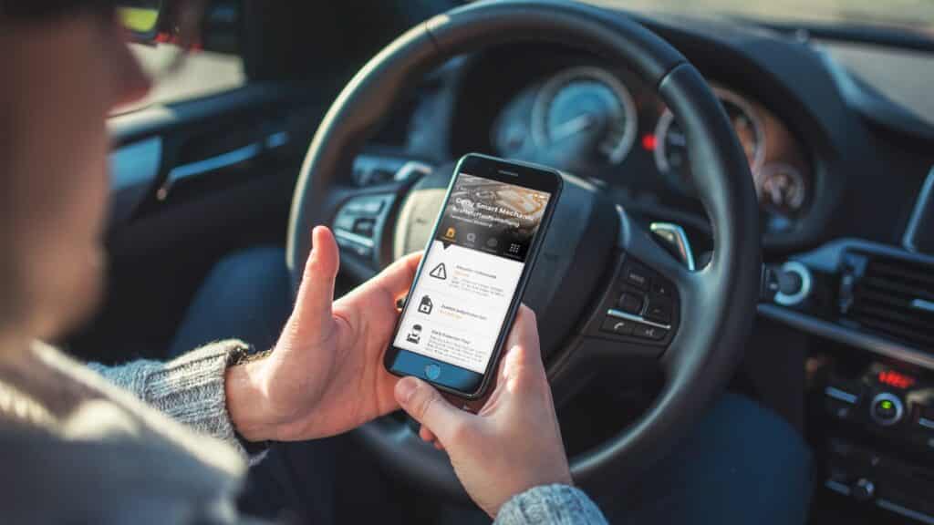 A BMW car with a Carly App connected to it and a mechanic checking the engine parameters