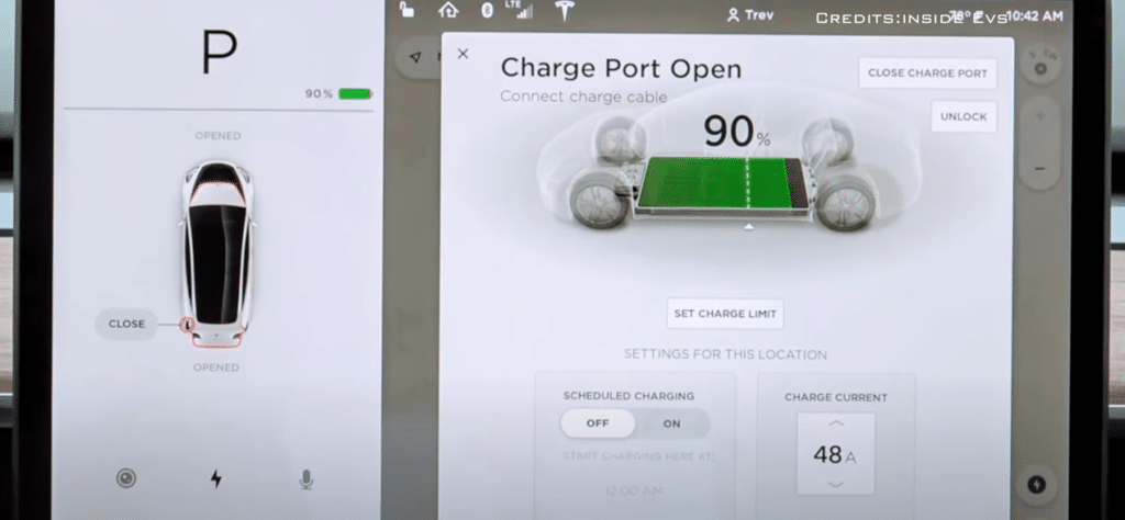 A Tesla Model S with scheduled charging and departure settings