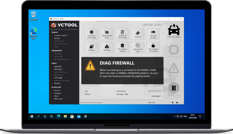 VCTool connected to a laptop, performing diagnostic and customization tasks on a VAG vehicle