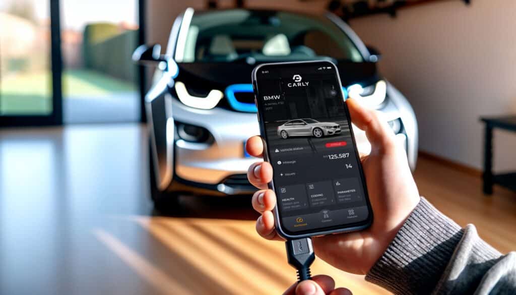 Photo of a smartphone with Carly OBD app connected to a BMW i3